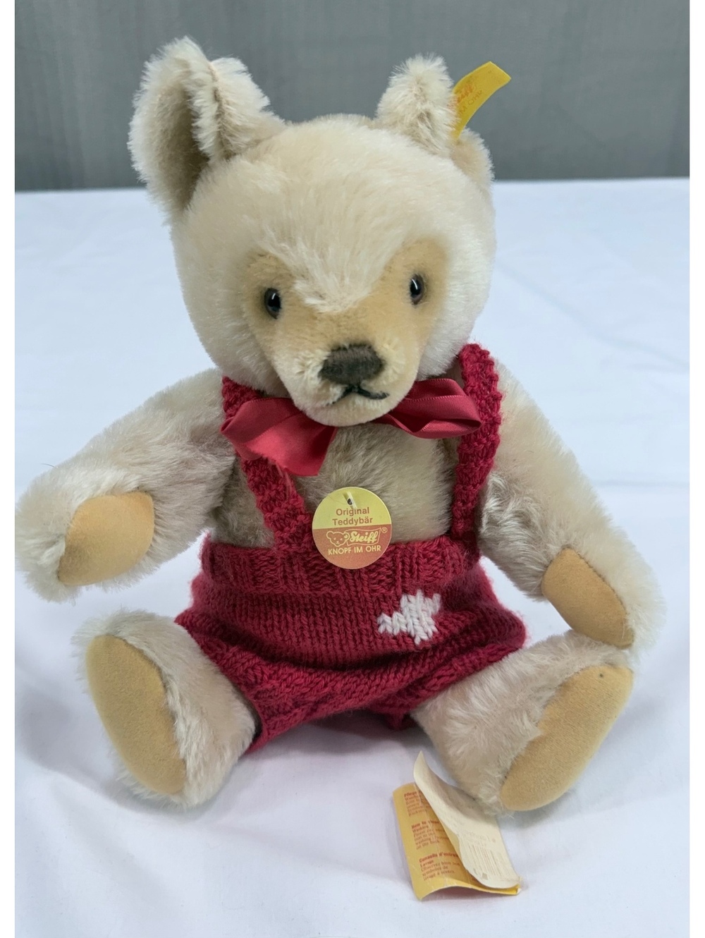 Steiff Original Teddy Bear with Red Knitted Overalls and Bow - Vintage Plush Toy
